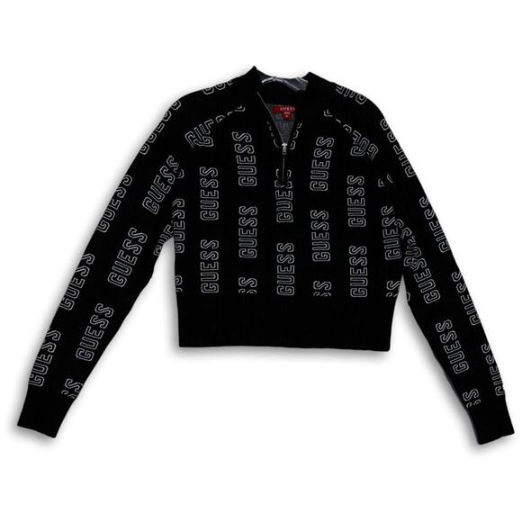 NEW GUESS BLACK WITH WHITE "GUESS" LOGO 1/4 ZIP CROPPED SWEATER XL - Picture 1 of 11